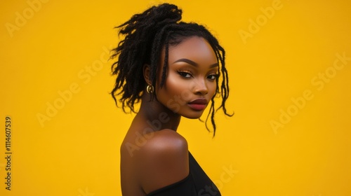 Obraz na płótnie A woman stands confidently in a black monochrome outfit, showcasing her unique style against a bright yellow backdrop. Her hair is styled in loose curls, adding to her expressive look w salonie