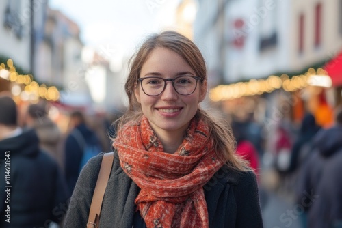 Wallpaper Mural A smiling woman wearing glasses and a scarf stands against the backdrop of a lively outdoor winter market, embodying cheerfulness and the spirit of the season. Torontodigital.ca