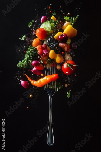Vibrant vegetables bouncing off a fork against a dark background
