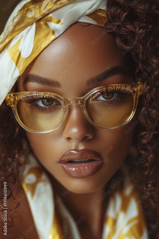 Fototapeta premium Stylish woman with curly hair and glasses wearing a yellow scarf