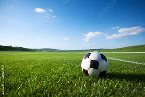 Classic soccer ball on lush green field under clear blue sky