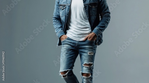 A man stands confidently in a denim jacket and ripped jeans, showcasing a laid-back style. His relaxed demeanor and casual outfit suggest a comfortable environment, ideal for socializing photo