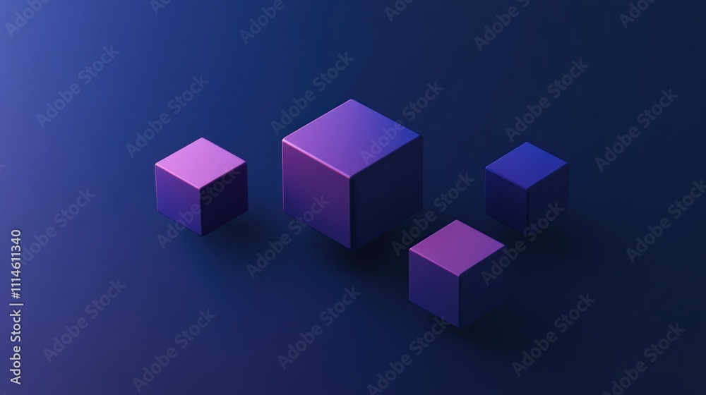 Obraz premium Abstract 3D rendering of four gradient cubes on a dark blue background.