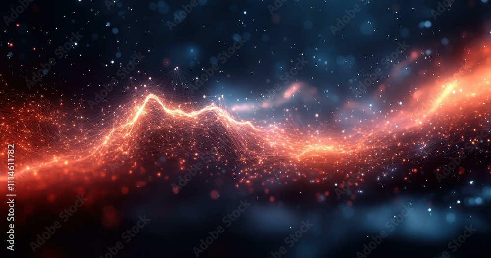 A Digital representation Glowing nodes and lines forming a dynamic network pattern on a dark background