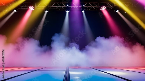 Colorful stage with vibrant spotlights and atmospheric smoke effects

 photo