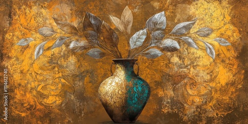 This captivating artwork highlights a beautifully crafted golden and silver vase against a deep brown background. The metallic accents enhance its visual appeal, making it a remarkable piece