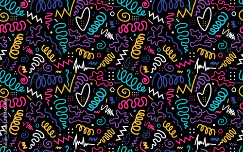 Vivied line doodle seamless pattern vintage 90s 80s 70s retro style kids party confetti texture childish scribble backdrop repeatable light grid black dark background