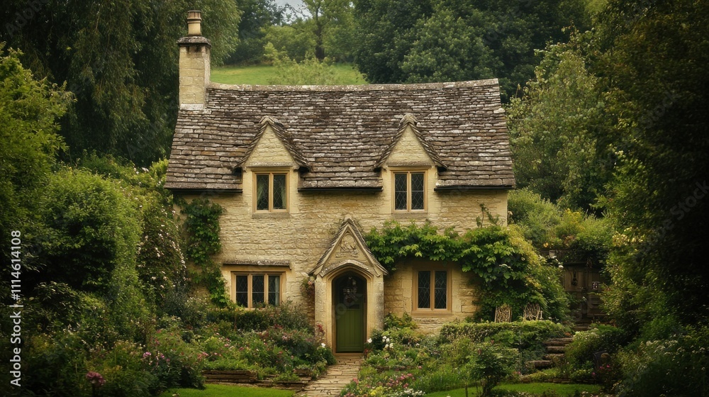 Fototapeta premium Stone Cottage in a Lush Garden