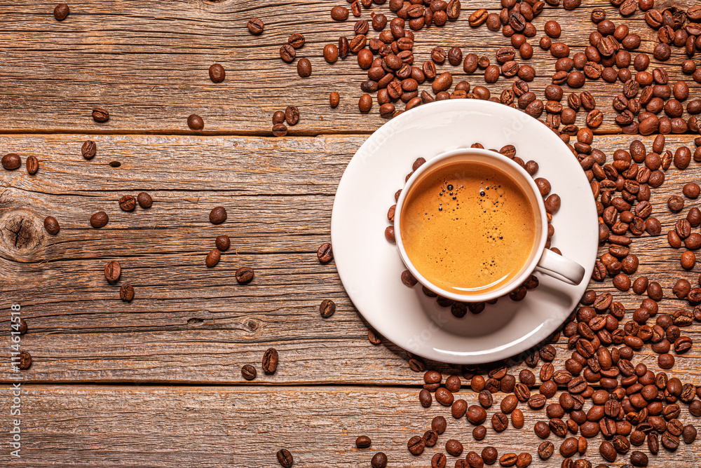 A cup of aromatic coffee on a wooden table.