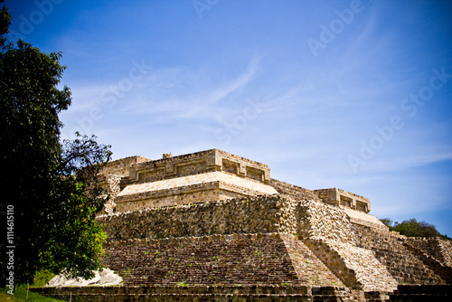 Mexican ruins temple stairway and a blue sky at Oaxaca Valley, Mexico. photo