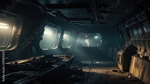 Dark, derelict spaceship corridor with damaged console and atmospheric lighting.