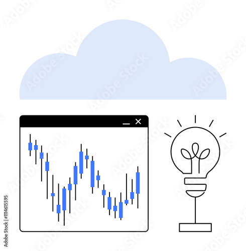 Cloud with analytics chart and light bulb representing data analysis and innovation. Ideal for finance, tech, cloud computing, business analytics, startup pitches, marketing, education, innovation