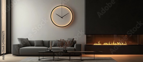 Modern living room with gray sofa, fireplace, and large wall clock. photo