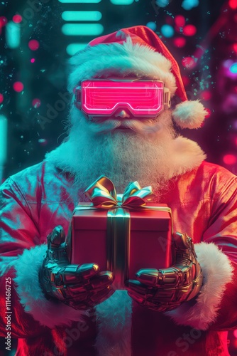 a cyber santa with a pink visor holding a present