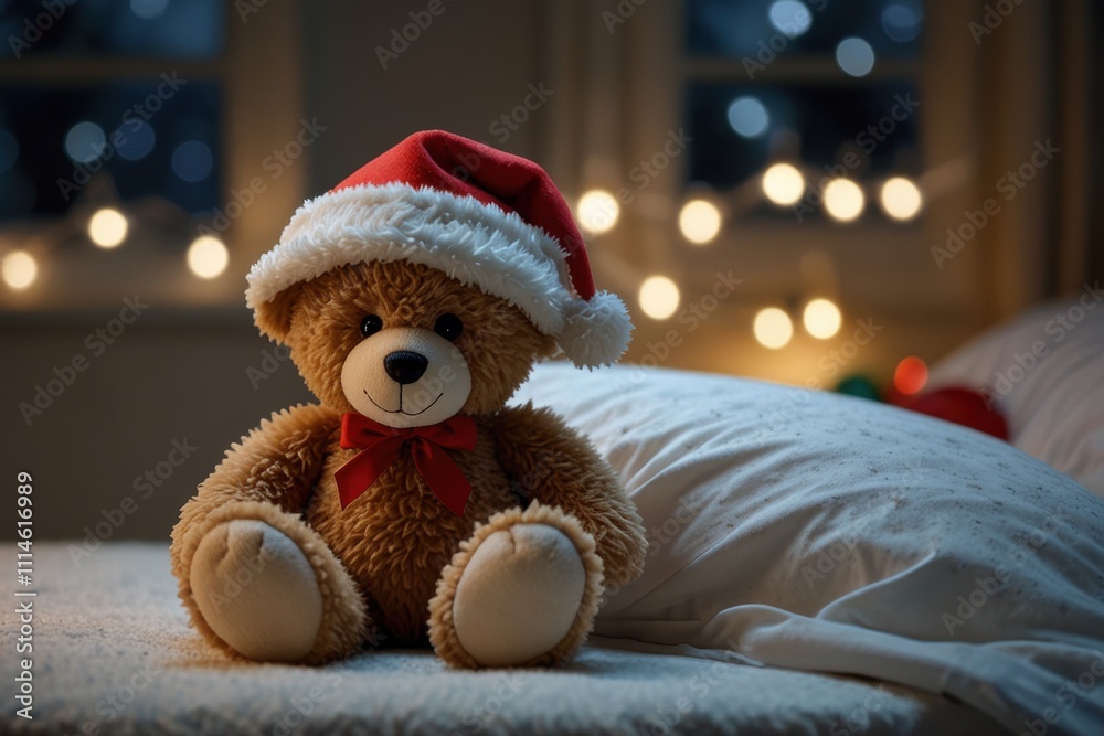Fototapeta premium teddy bear with a Santa hat sits beside a child in a hospital bed, offering comfort and companionship during a difficult time. A symbol of hope, resilience, and care in moments&nbsp;of&nbsp;hardship