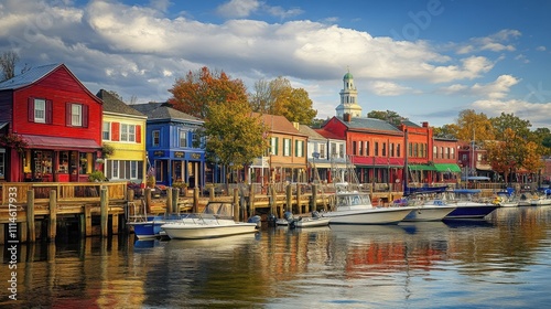 A colorful autumn view of historic Annapolis with waterfront shops and boats reflecting on calm waters