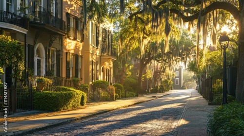 A tranquil morning stroll through Savannah's historic district lined with charming residences and draped in Spanish moss photo