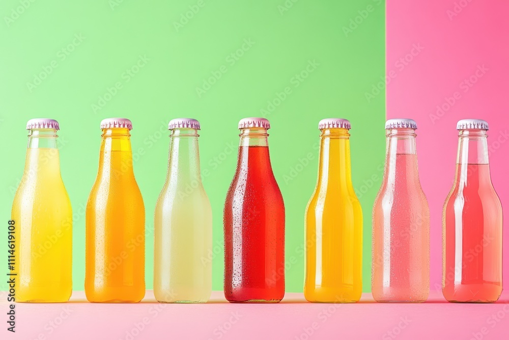Seven glass bottles of colorful beverages on a pink and green background. Seven glass bottles of colorful beverages on a pink and green background.
