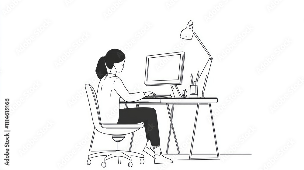 Flat Vector Illustration of a Woman Taking an Online Training Course at Her Desk with Minimalistic Design Flat Vector Illustration of a Woman Taking an Online Training Course at Her Desk with Minimalistic Design