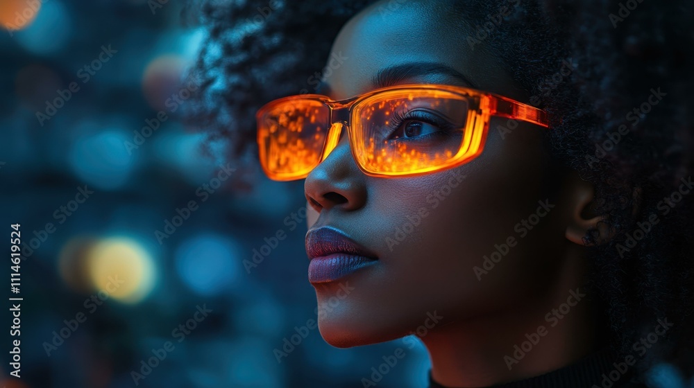 A Elderly woman exploring a holographic world in AR her glowing wonder captivated by 3D visuals A Elderly woman exploring a holographic world in AR her glowing wonder captivated by 3D visuals