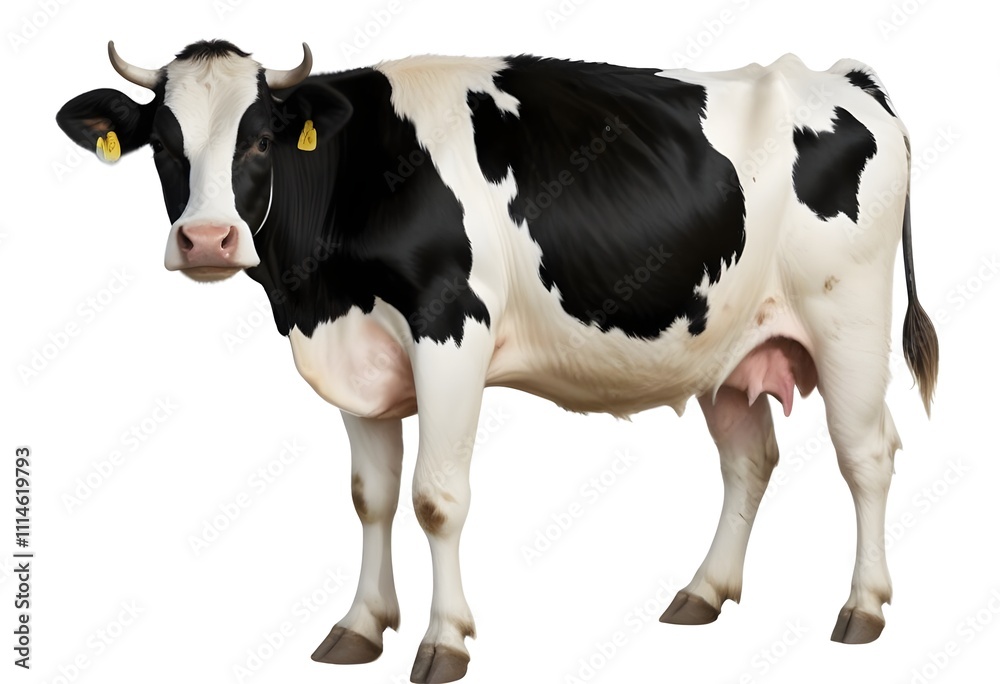 A black and white spotted cow standing in a field A black and white spotted cow standing in a field
