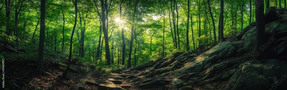 Fototapeta premium Experience the breathtaking panorama of Catoctin Mountain's lush forest and sunlight breaking through the trees during a serene afternoon hike