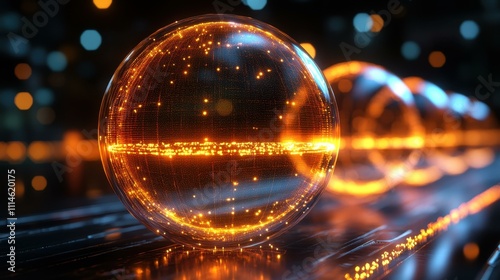 Digital Light Patterns. Glowing crystal ball with futuristic digital light reflections on sleek surface, technology concept for innovation, science, abstract backgrounds, modern design, and futuristi