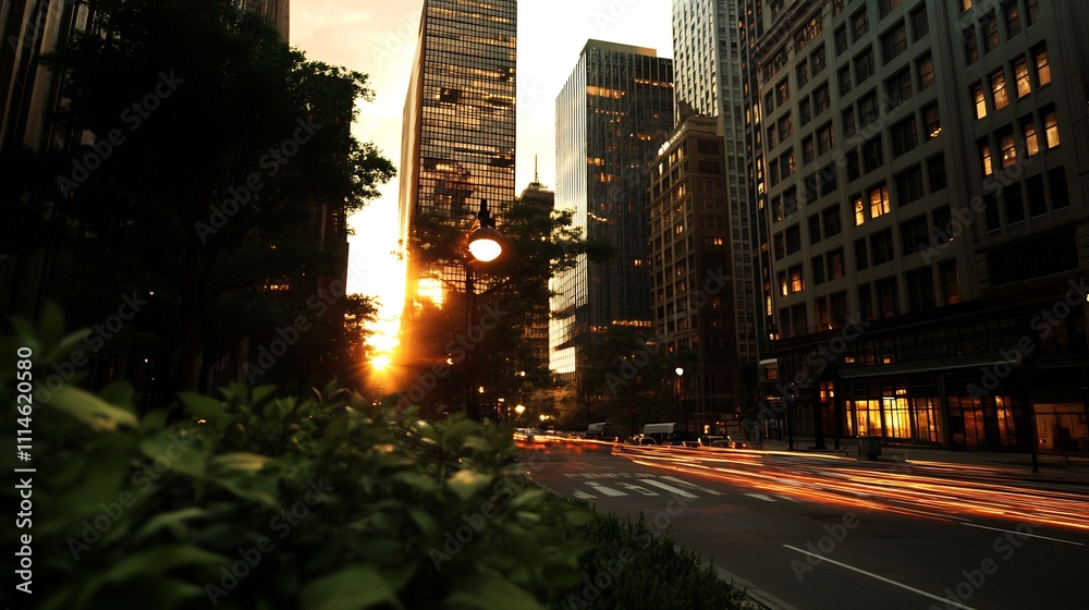 Naklejka premium Sunset Cityscape: Golden Hour in the Urban Canyon