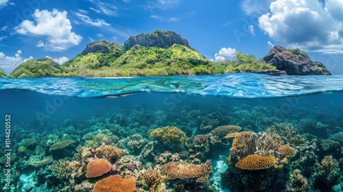 Tropical Island with Underwater Coral Reef