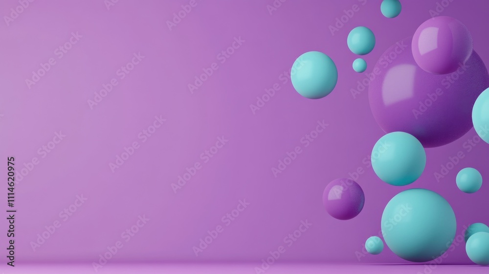 Abstract pastel purple and teal spheres floating on a purple background. Abstract pastel purple and teal spheres floating on a purple background.