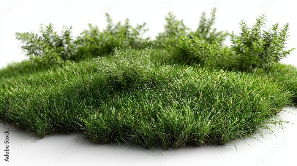 Fototapeta premium Lush Green Grass with Small Shrubs Depicting a Vibrant Natural Landscape Ideal for Backgrounds and Design Projects Featuring Nature Elements