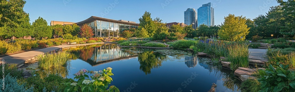 Obraz premium Lush gardens featuring a tranquil pond and modern skyline reflections during a clear, sunny day