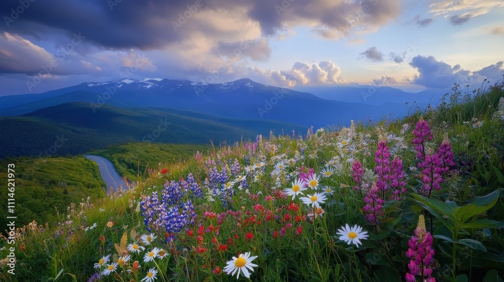 Obraz premium A breathtaking view of wildflowers blooming along the Mt Washington Auto Road at sunset with mountains in the background