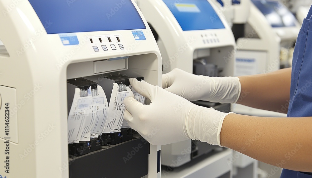 A gloved hand inserting a test tube into a medical machine A gloved hand inserting a test tube into a medical machine