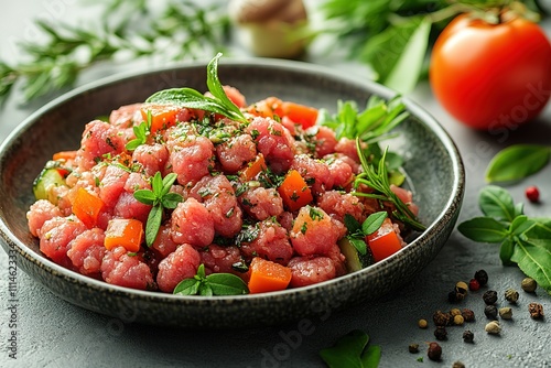 A plate of meatballs with vegetables and herbs