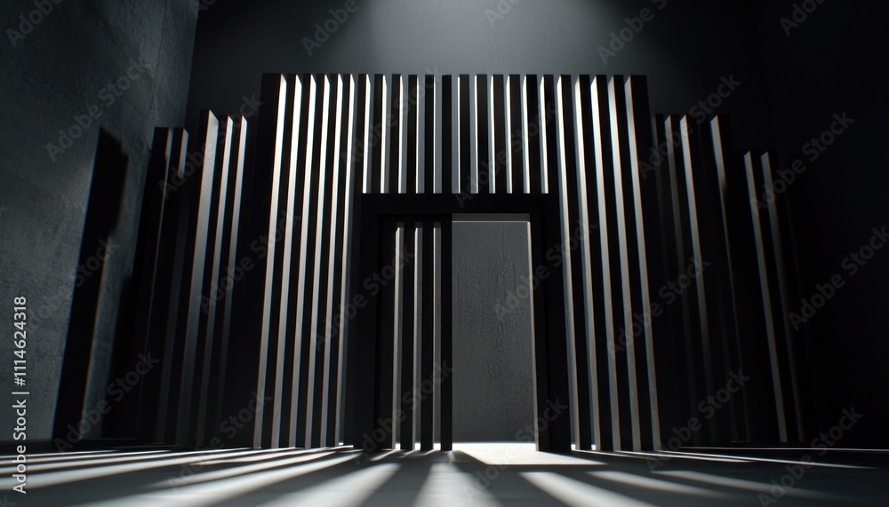 Naklejka premium Abstract Dark Room with a Gated Entrance and Shadowy Lighting