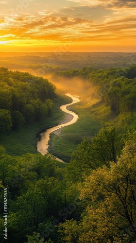 A serene sunset over the meandering Cuyahoga River in Cuyahoga Valley National Park, capturing nature's beauty in golden hues