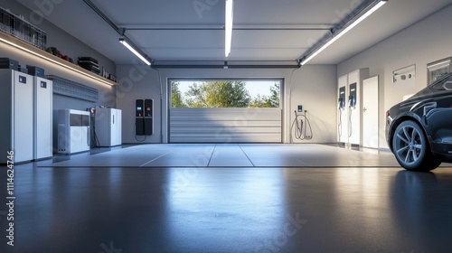 Modern home with wall-mounted battery storage and electric car charging station in the garage