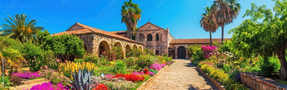 Fototapeta premium Explore the historic Mission surrounded by vibrant gardens and palm trees in a sunny landscape