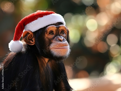 Affe mit Weihnachtsmütze in natürlicher Umgebung photo