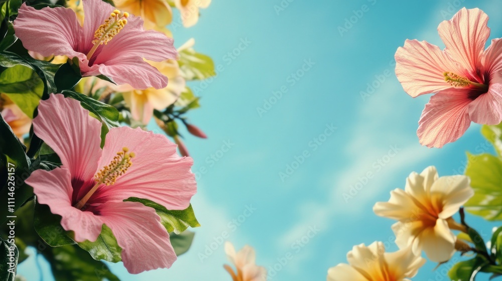 Low-angle view of pink and yellow hibiscus flowers against a bright blue sky. Low-angle view of pink and yellow hibiscus flowers against a bright blue sky.