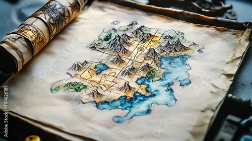 Antique map with detailed terrain and vibrant colors, rolled slightly at the edges. photo