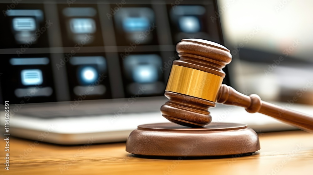 Wooden Gavel with Digital Law Icons on Blurred Background, Concept of Legal Knowledge and Cybersecurity Wooden Gavel with Digital Law Icons on Blurred Background, Concept of Legal Knowledge and Cybersecurity