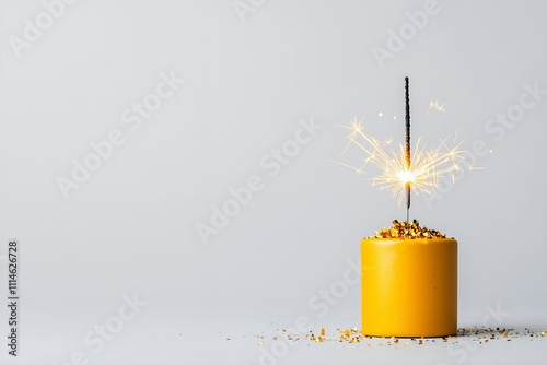 Lit Sparkler on Yellow Cylinder with Gold Confetti photo