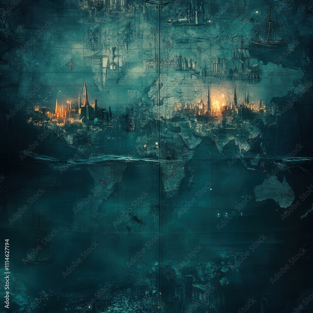 A captivating double exposure of an antique world map blended with illuminated cityscapes and tranquil ocean hues A captivating double exposure of an antique world map blended with illuminated cityscapes and tranquil ocean hues