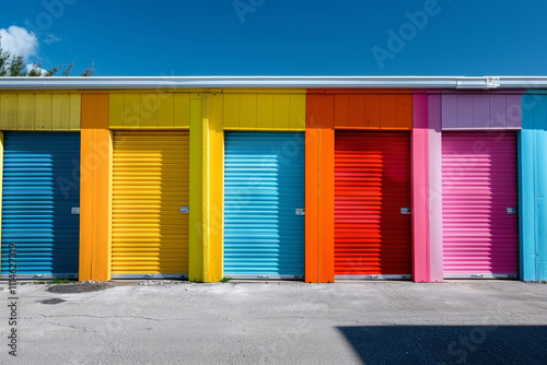 A row of colorful storage units with a blue one in the middle photo