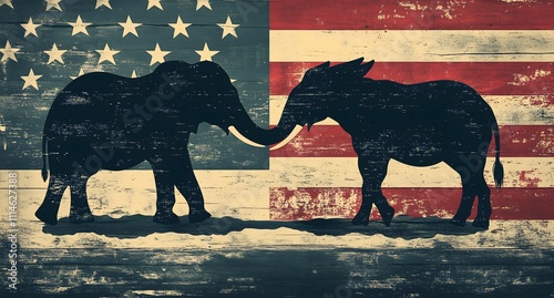 Visual representation of a black elephant and donkey symbolizing political parties, a creative illustration.