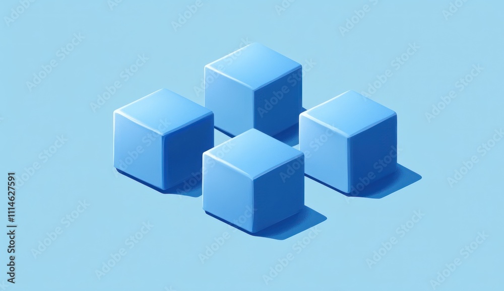 Obraz premium Four light blue cubes arranged in a plus shape against a pale blue background, casting shadows.