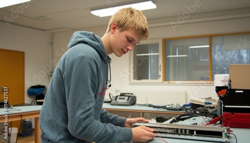 Young Man Working on Electronic Components in a Workshop