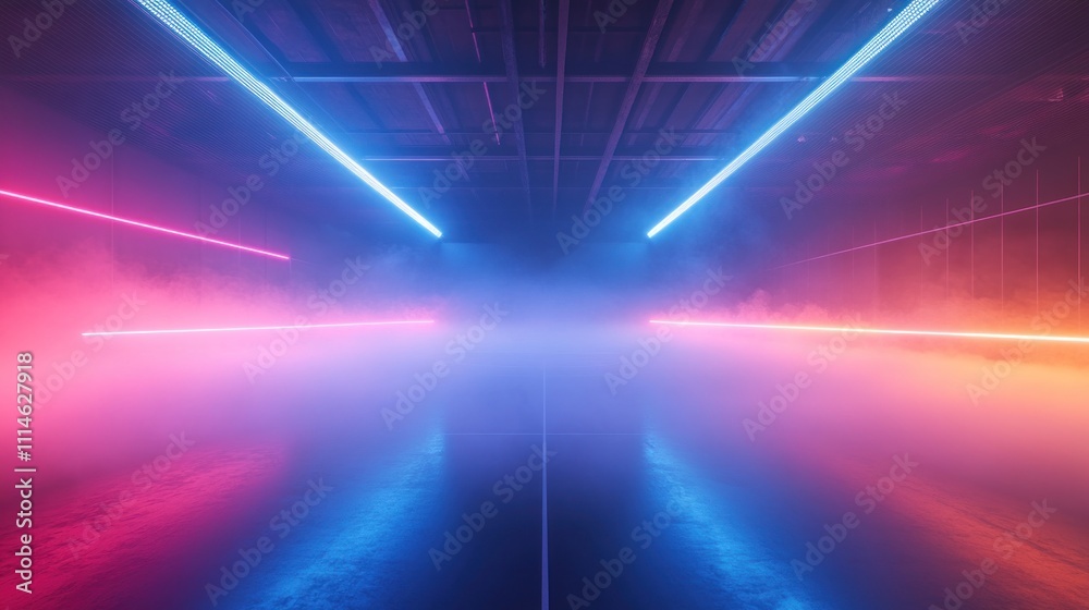 Fototapeta premium A futuristic space with neon lights and fog, creating a vibrant atmosphere.